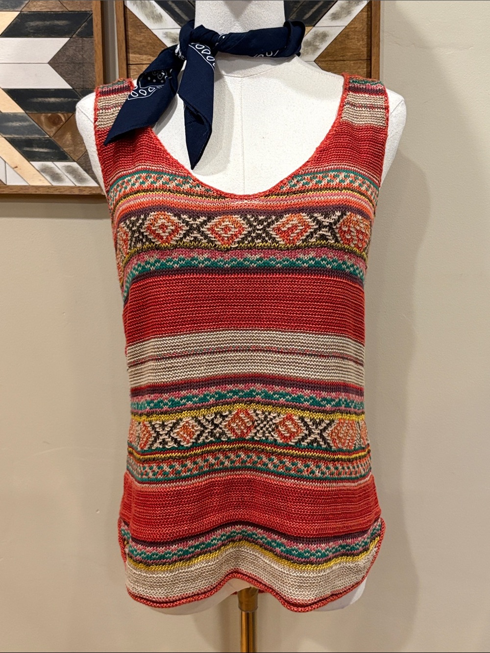 Vintage Ralph Lauren Blue Label Y2K Southwestern Linen Silk Knit Top size Small